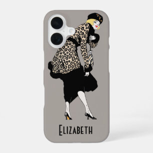 Vintage Art Deco Woman in Leopard Print Jacket iPhone 16 Case