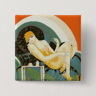 Vintage Art Deco Woman Reclining on Couch, Chompre 15 Cm Square Badge