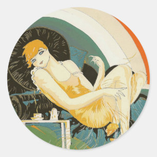 Vintage Art Deco Woman Reclining on Couch, Chompre Classic Round Sticker