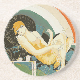 Vintage Art Deco Woman Reclining on Couch, Chompre Coaster
