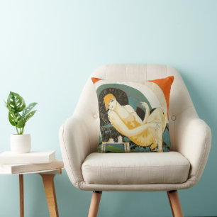 Vintage Art Deco Woman Reclining on Couch, Chompre Cushion