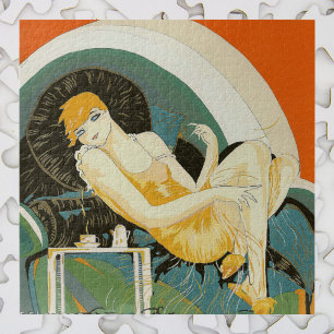Vintage Art Deco Woman Reclining on Couch, Chompre Jigsaw Puzzle