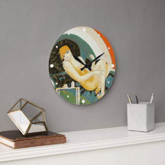Vintage Art Deco Woman Reclining on Couch, Chompre Large Clock