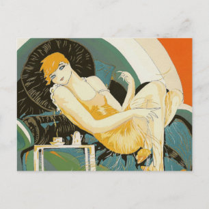 Vintage Art Deco Woman Reclining on Couch, Chompre Postcard