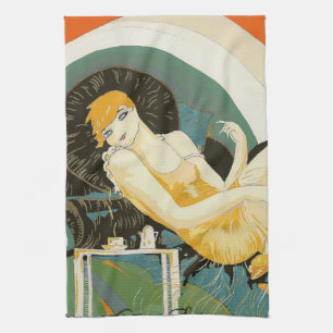 Vintage Art Deco Woman Reclining on Couch, Chompre Tea Towel