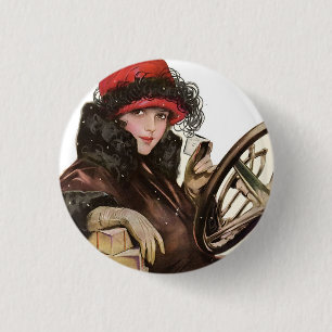 Vintage Art Deco Woman Red Hat Automobile 3 Cm Round Badge