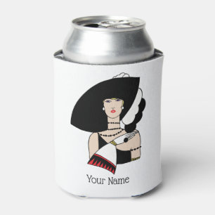 Vintage Art Deco Woman Wearing Hat Gloves Colour Can Cooler