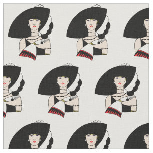 Vintage Art Deco Woman Wearing Hat Gloves Colour Fabric