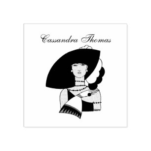Vintage Art Deco Woman Wearing Hat Gloves Colour Rubber Stamp