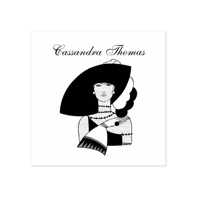 Vintage Art Deco Woman Wearing Hat Gloves Colour Rubber Stamp (Imprint)
