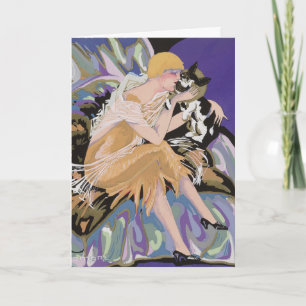 Vintage Art Deco Woman with Cat by S. Chompre Card