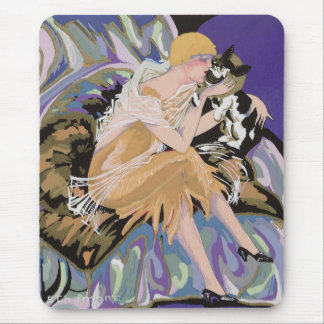 Vintage Art Deco Woman with Cat by S. Chompre Mouse Mat