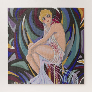 Vintage Art Deco Woman with Drapes by S. Chompre Jigsaw Puzzle
