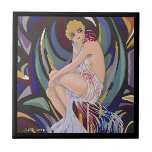 Vintage Art Deco Woman with Drapes by S. Chompre Tile