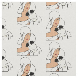 Vintage Art Deco Woman with Flowers Wearing Hat C Fabric