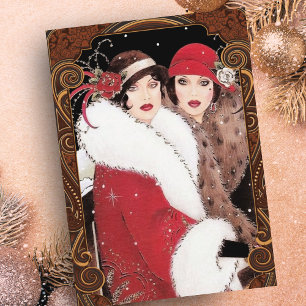 Vintage Art Deco Women Christmas Red Gold Holiday Card