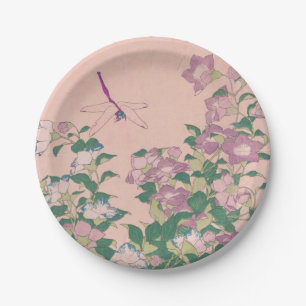 Vintage Art Dragonfly and Flowers Painting Paper Plate