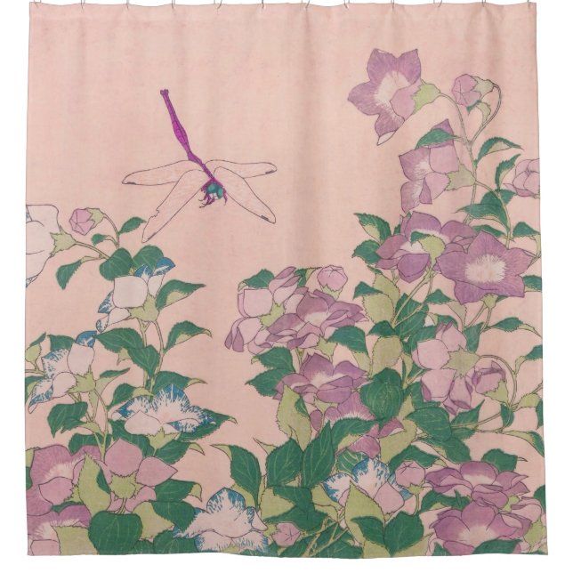 Vintage Art Dragonfly and Flowers Painting Shower Curtain (Front)