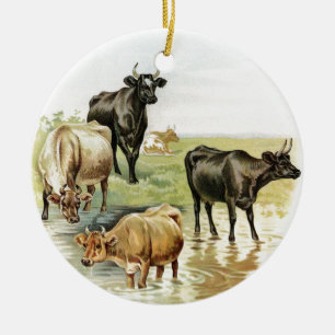 Vintage Art Farm Animals Cows Ceramic Tree Decoration