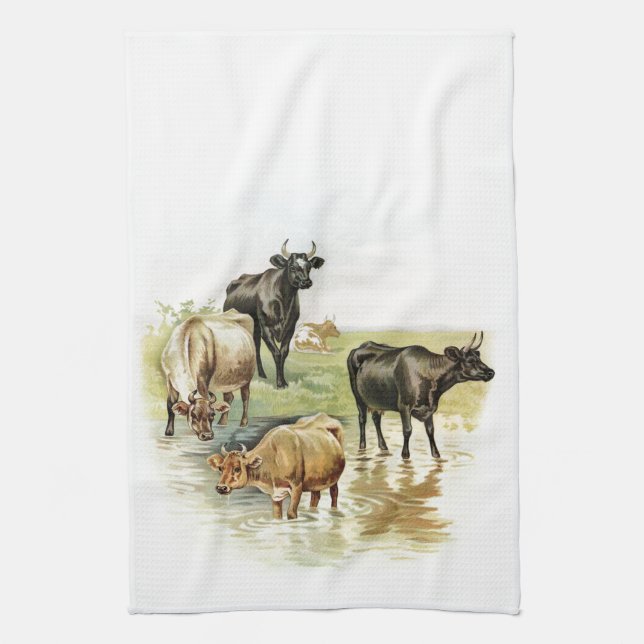 Vintage Art Farm Animals Cows Tea Towel (Vertical)