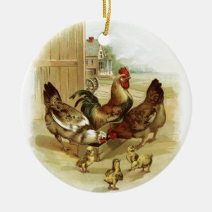 Vintage Art Farm Chickens Ceramic Tree Decoration