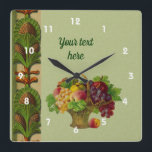 Vintage Art Fruit Basket Personalised  Square Wall Clock<br><div class="desc">Vintage reproduction art pretty fruit basket and pineapple border design. Personalise with your text in the template, or delete for no text. Click on Customise to change font size, style, and colour. This design is available on many products in my gallery. Please visit Smilin' Eyes Treasures to see more flower...</div>