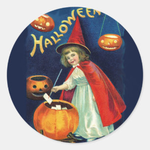 Vintage Art Halloween Witch with Pumpkins - child Classic Round Sticker