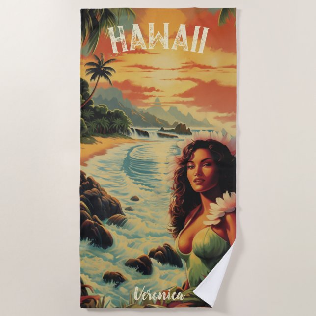 Vintage Art Hawaii Beach Hawaiian Girl Towel (Front)
