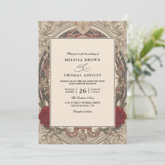 Vintage Art Modern Floral Burgundy QR Code Wedding Invitation