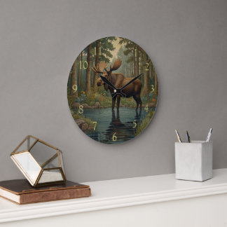 Vintage art moose boho woodland forest greenery  large clock