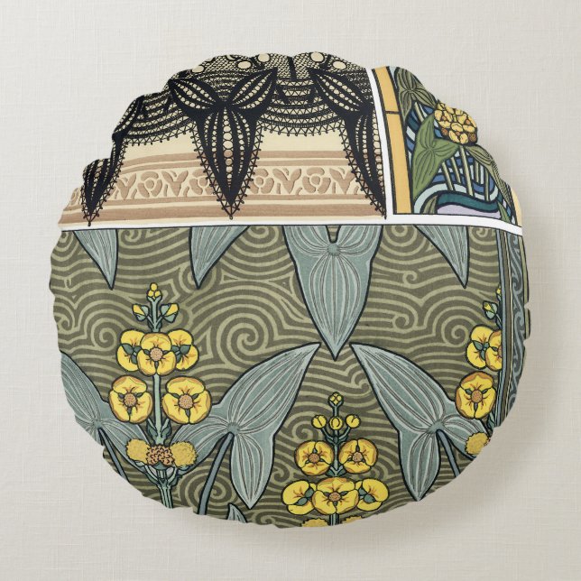 Vintage Art Nouveau Arrowhead Garden Flowers Round Cushion (Front)