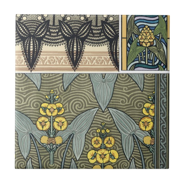Vintage Art Nouveau Arrowhead Garden Flowers Tile (Front)