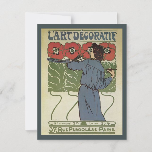 Vintage Art Nouveau, Artist Painting Poppy Flowers (Front)