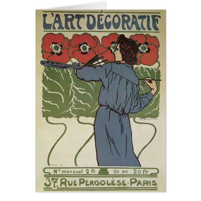 Vintage Art Nouveau, Artist Painting Poppy Flowers (Front)