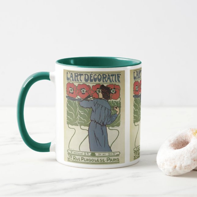 Vintage Art Nouveau, Artist Painting Poppy Flowers Mug (With Donut)