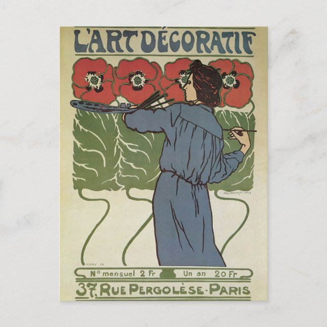 Vintage Art Nouveau, Artist Painting Poppy Flowers Postcard (Front)
