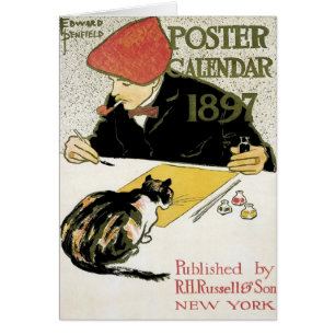 Vintage Art Nouveau, Artist Painting with Pet Cat