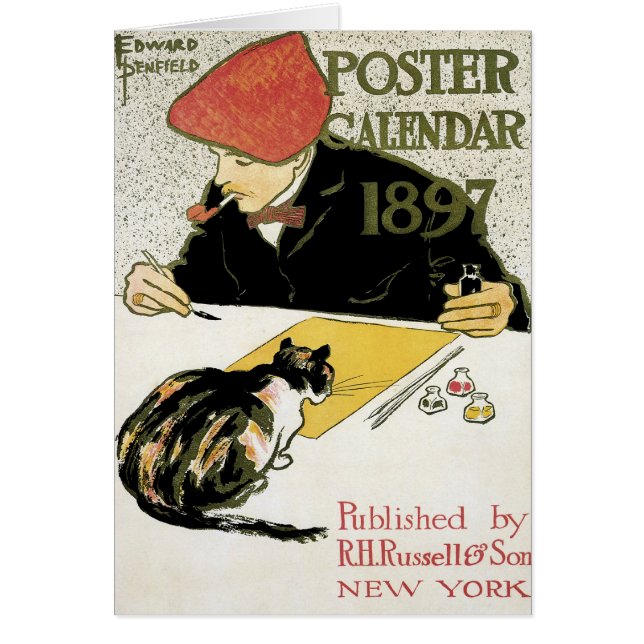 Vintage Art Nouveau, Artist Painting with Pet Cat (Front)