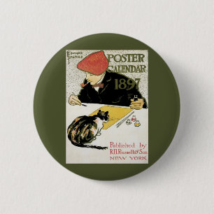 Vintage Art Nouveau, Artist Painting with Pet Cat 6 Cm Round Badge