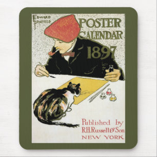 Vintage Art Nouveau, Artist Painting with Pet Cat Mouse Mat
