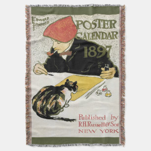 Vintage Art Nouveau, Artist Painting with Pet Cat Throw Blanket