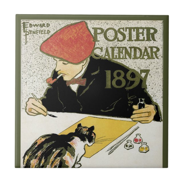 Vintage Art Nouveau, Artist Painting with Pet Cat Tile (Front)