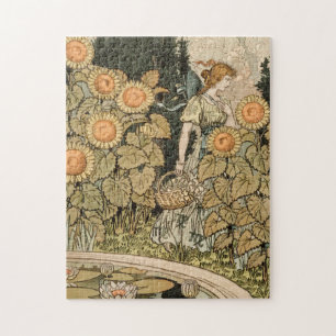 Vintage Art Nouveau August Sunflower Garden Art Jigsaw Puzzle