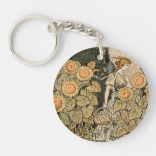 Vintage Art Nouveau August Sunflower Garden Art Key Ring