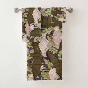 Vintage Art Nouveau Bat and Poppy Floral Pattern Bath Towel Set