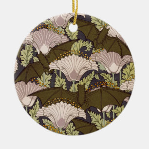 Vintage Art Nouveau Bat and Poppy Floral Pattern Ceramic Tree Decoration