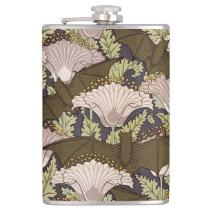 Vintage Art Nouveau Bat and Poppy Floral Pattern Hip Flask