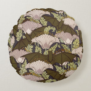 Vintage Art Nouveau Bat and Poppy Floral Pattern Round Cushion