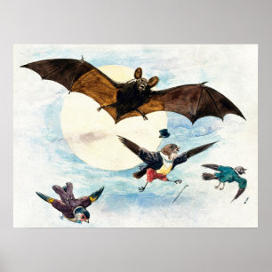 Vintage Art Nouveau Bat & Dressed Birds Moonlight Poster