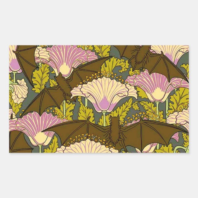 Vintage Art Nouveau Bats and Flowers Halloween  Rectangular Sticker (Front)